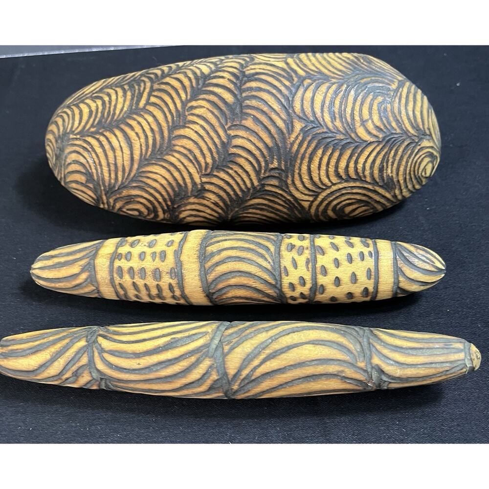 Handcrafted/Carved Aboriginal 02 Clap Stick And 01 Coolomon Multi Purpose Vessel